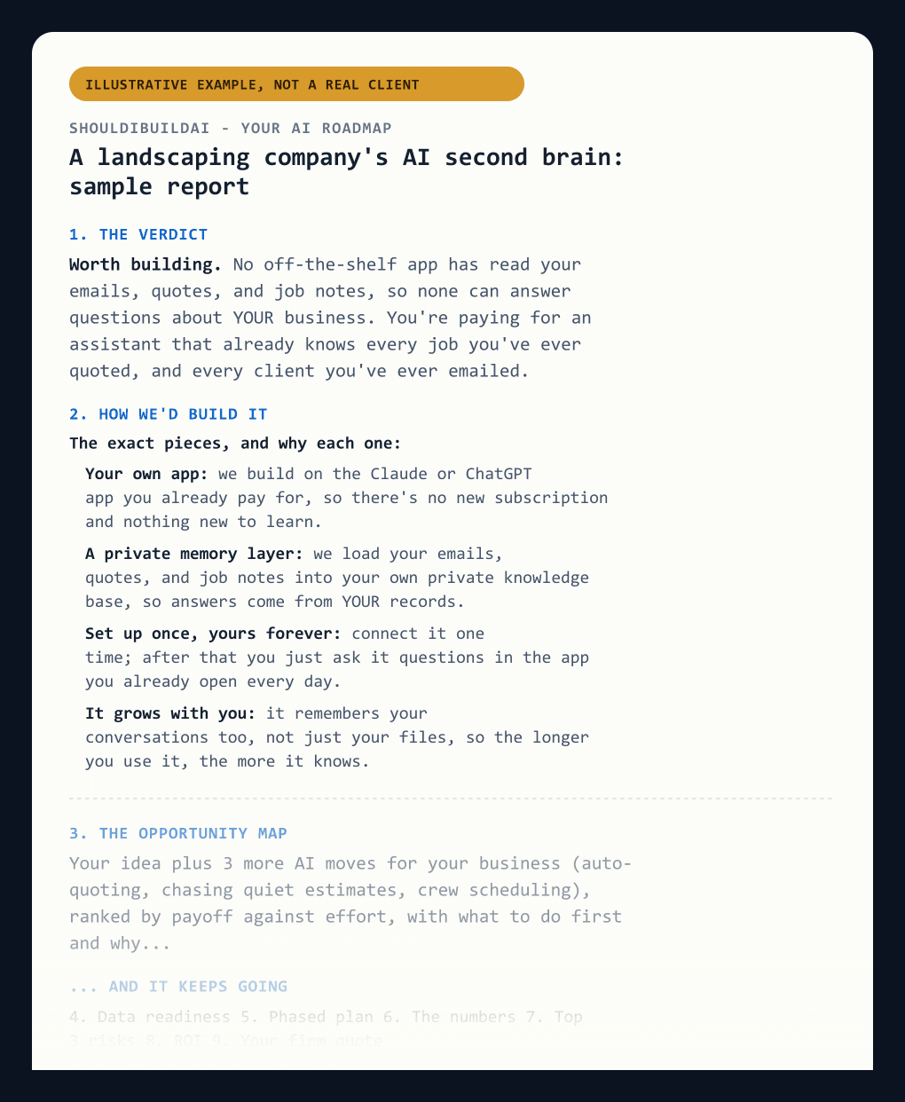 An illustrative example of a shouldibuildai AI roadmap report, for a landscaping company's AI second brain